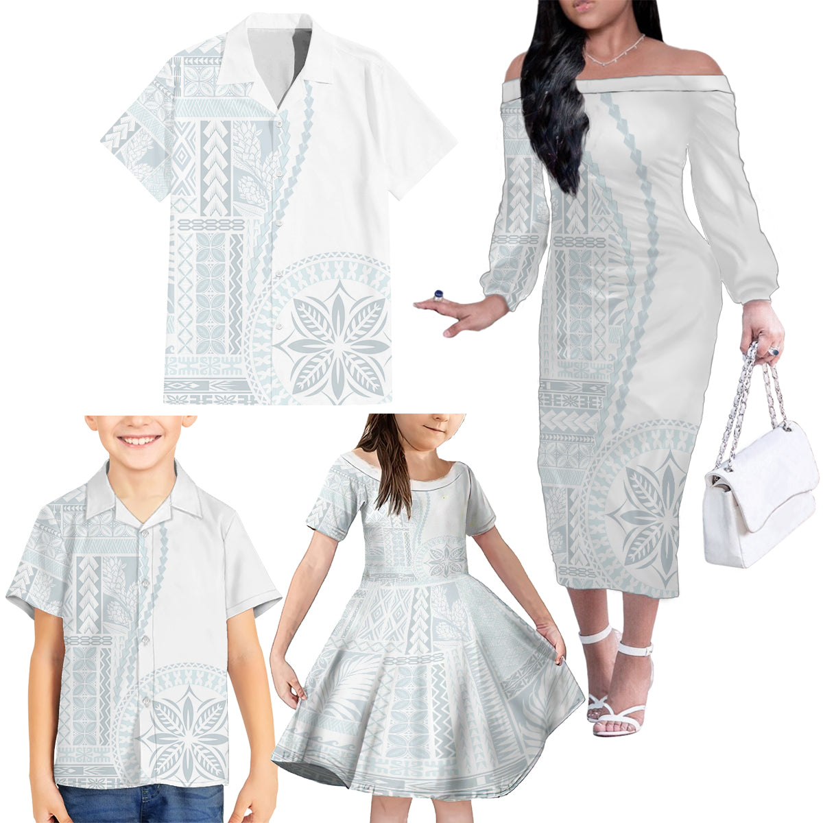 Samoa White Sunday Family Matching Off Shoulder Long Sleeve Dress and Hawaiian Shirt Classic Siapo Style - Wonder Print Shop