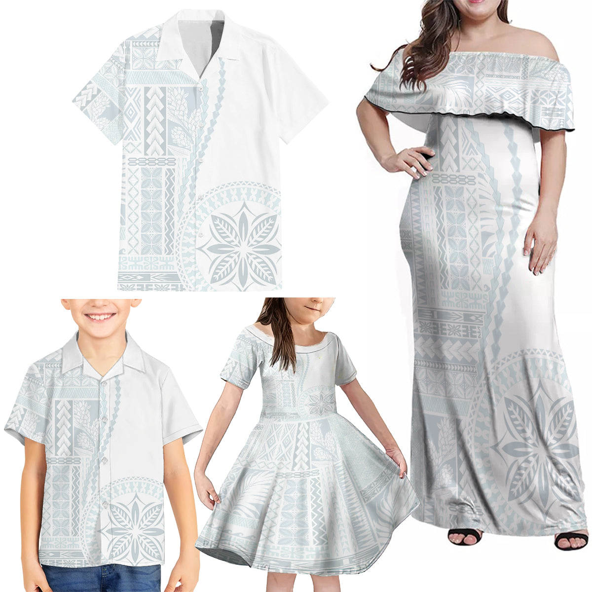 Samoa White Sunday Family Matching Off Shoulder Maxi Dress and Hawaiian Shirt Classic Siapo Style LT7 - Wonder Print Shop