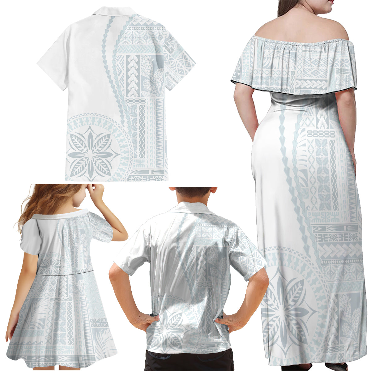 Samoa White Sunday Family Matching Off Shoulder Maxi Dress and Hawaiian Shirt Classic Siapo Style LT7 - Wonder Print Shop