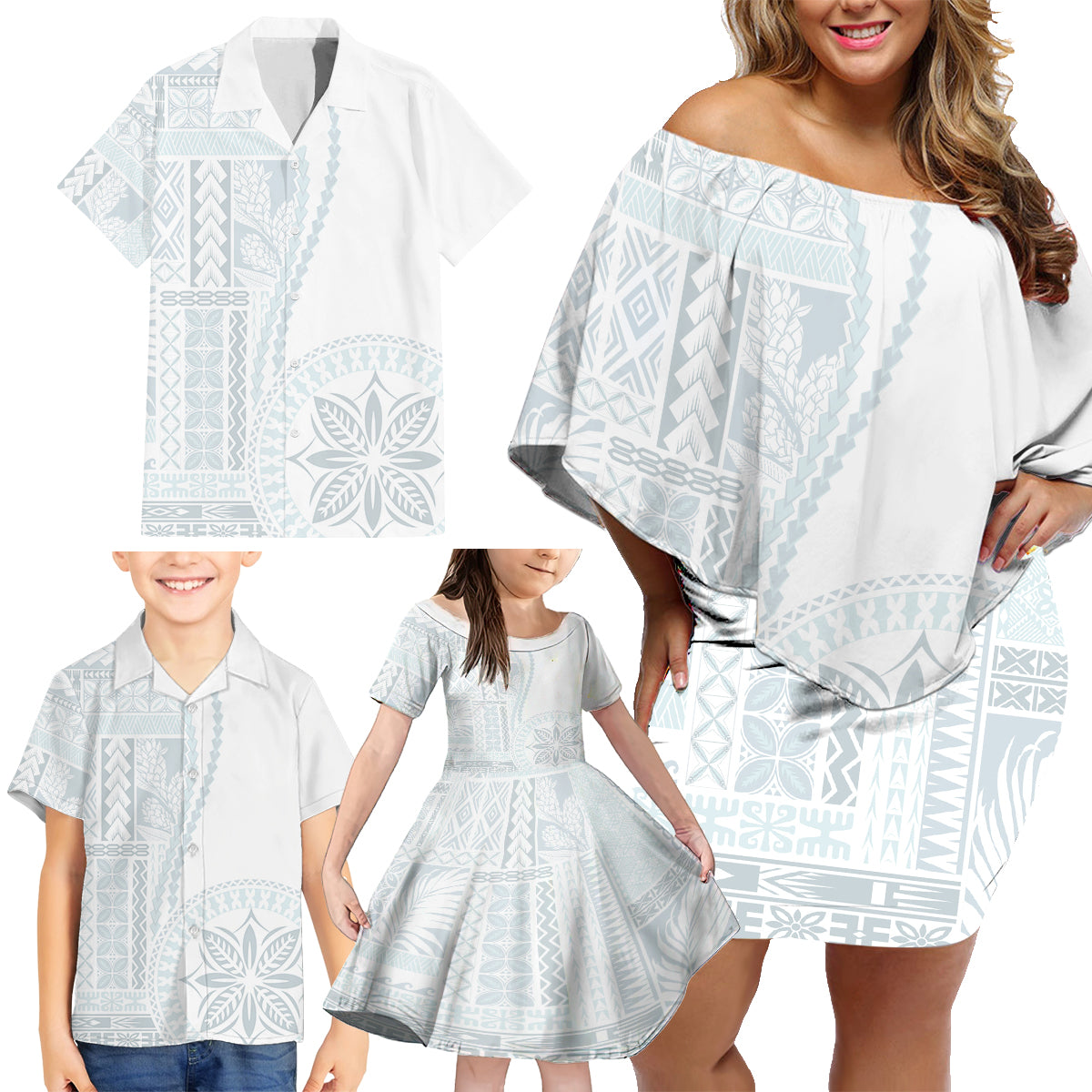 Samoa White Sunday Family Matching Off Shoulder Short Dress and Hawaiian Shirt Classic Siapo Style LT7 - Wonder Print Shop