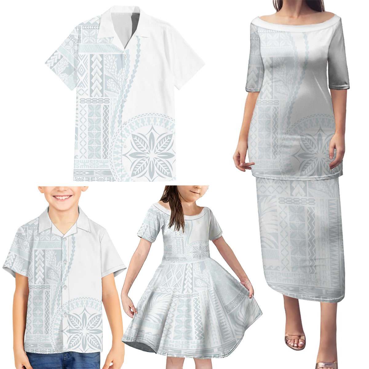 Samoa White Sunday Family Matching Puletasi Dress and Hawaiian Shirt Classic Siapo Style - Wonder Print Shop