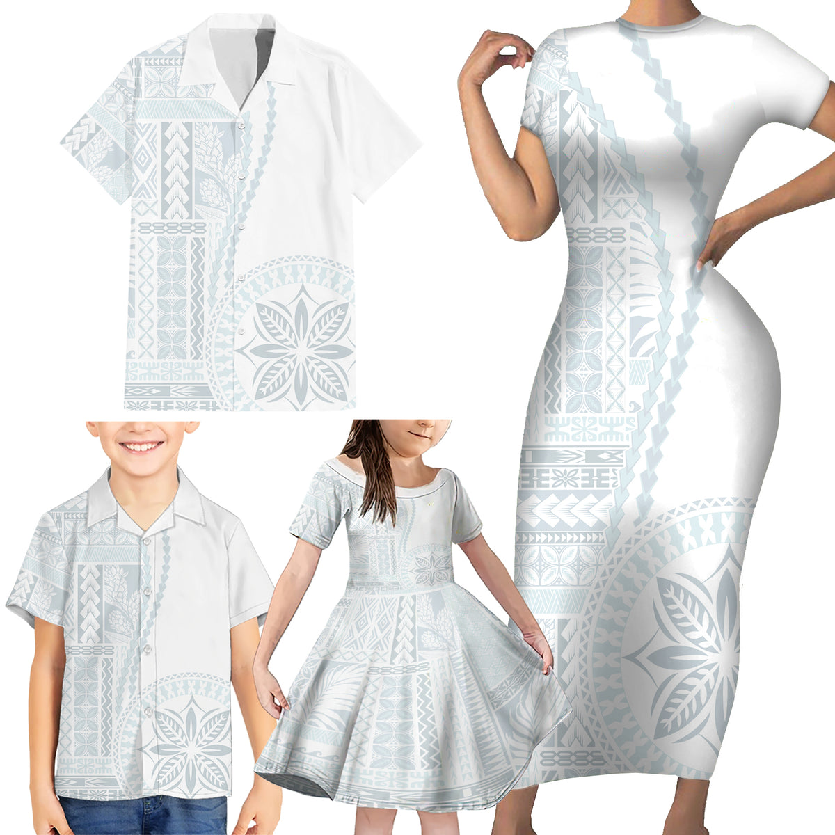 Samoa White Sunday Family Matching Short Sleeve Bodycon Dress and Hawaiian Shirt Classic Siapo Style - Wonder Print Shop