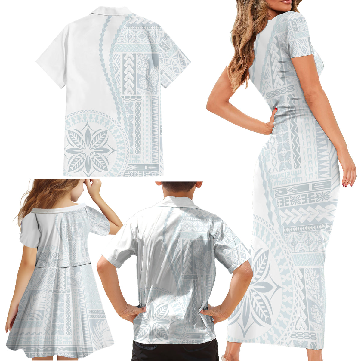 Samoa White Sunday Family Matching Short Sleeve Bodycon Dress and Hawaiian Shirt Classic Siapo Style - Wonder Print Shop