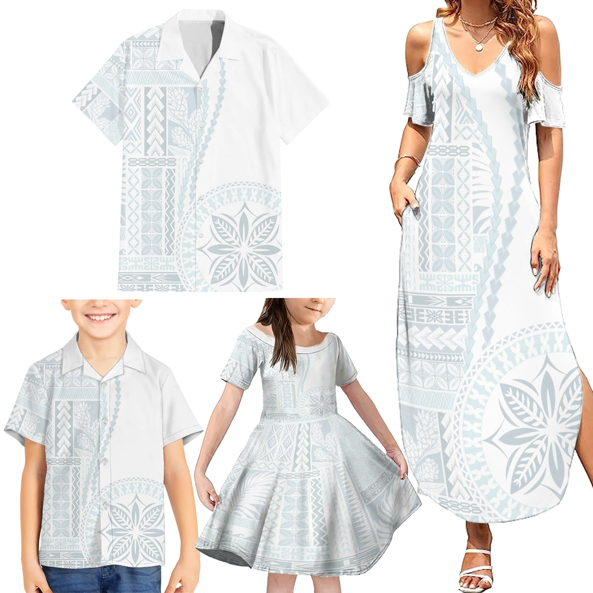 Samoa White Sunday Family Matching Summer Maxi Dress and Hawaiian Shirt Classic Siapo Style - Wonder Print Shop