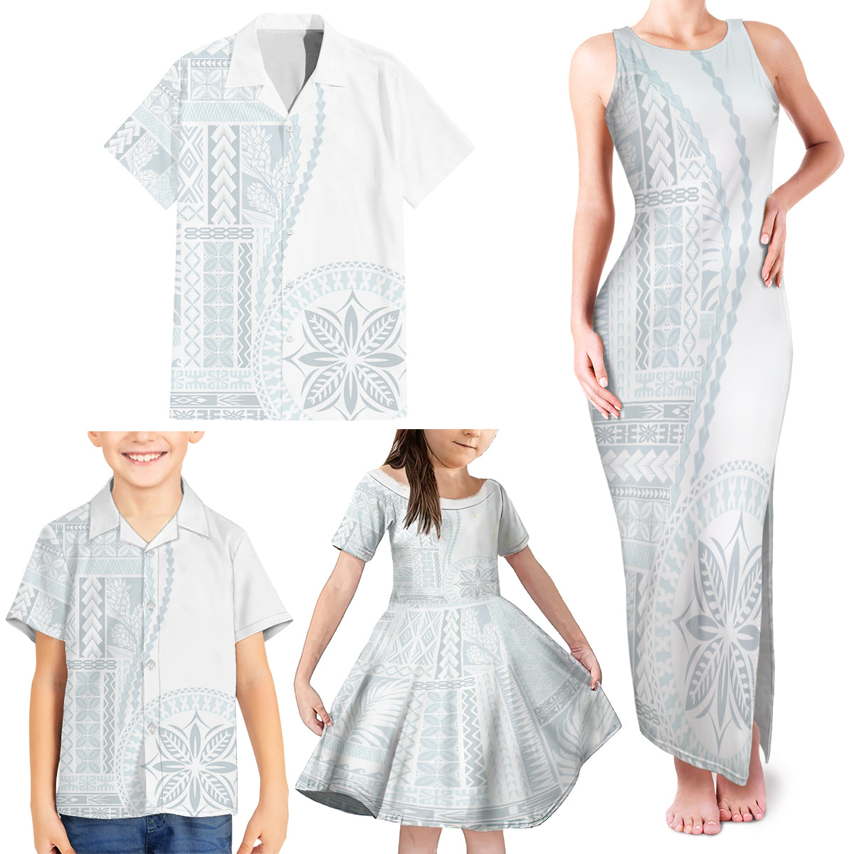Samoa White Sunday Family Matching Tank Maxi Dress and Hawaiian Shirt Classic Siapo Style - Wonder Print Shop