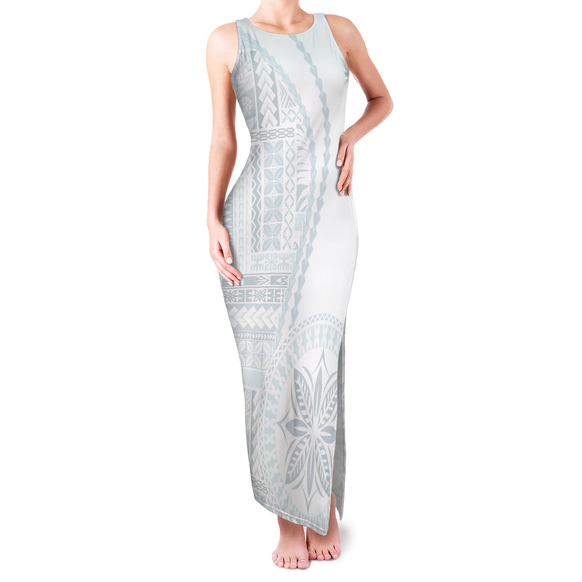 Samoa White Sunday Family Matching Tank Maxi Dress and Hawaiian Shirt Classic Siapo Style - Wonder Print Shop