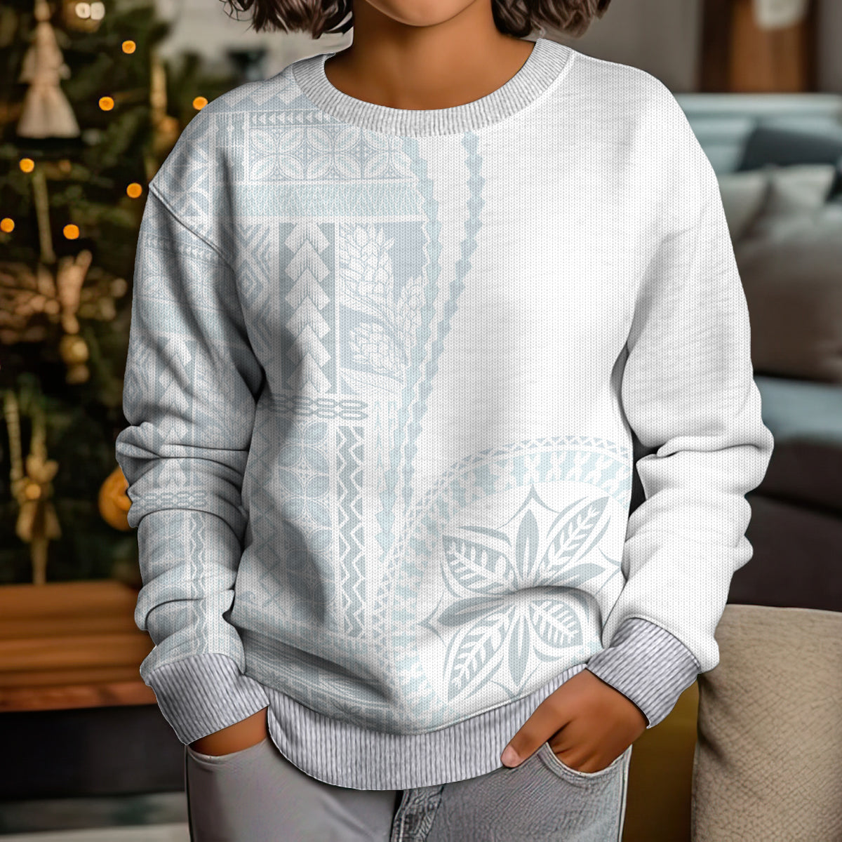 Samoa White Sunday Kid Ugly Christmas Sweater Classic Siapo Style - Wonder Print Shop