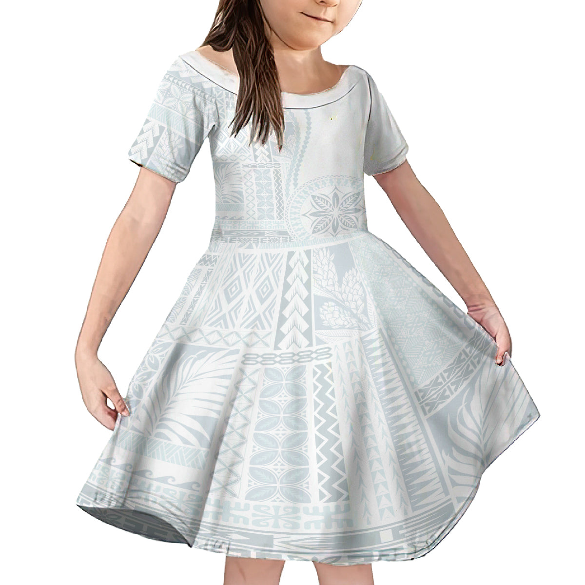 Samoa White Sunday Kid Short Sleeve Dress Classic Siapo Style - Wonder Print Shop