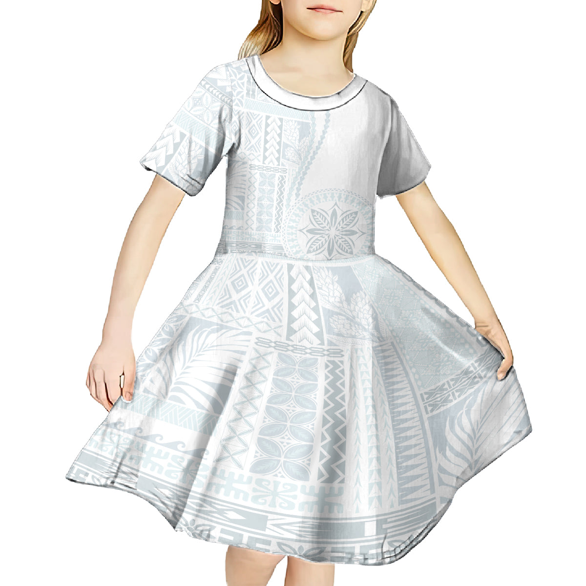 Samoa White Sunday Kid Short Sleeve Dress Classic Siapo Style - Wonder Print Shop