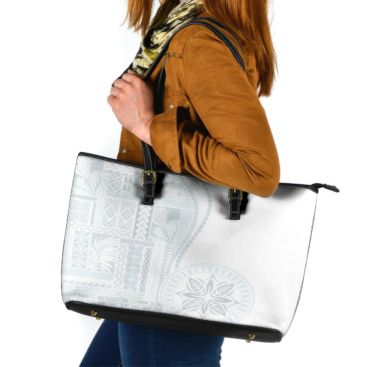 Samoa White Sunday Leather Tote Bag Classic Siapo Style - Wonder Print Shop