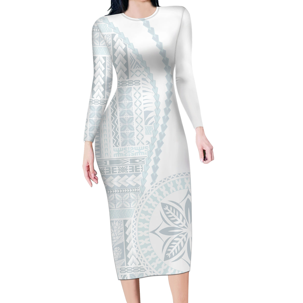 Samoa White Sunday Long Sleeve Bodycon Dress Classic Siapo Style - Wonder Print Shop