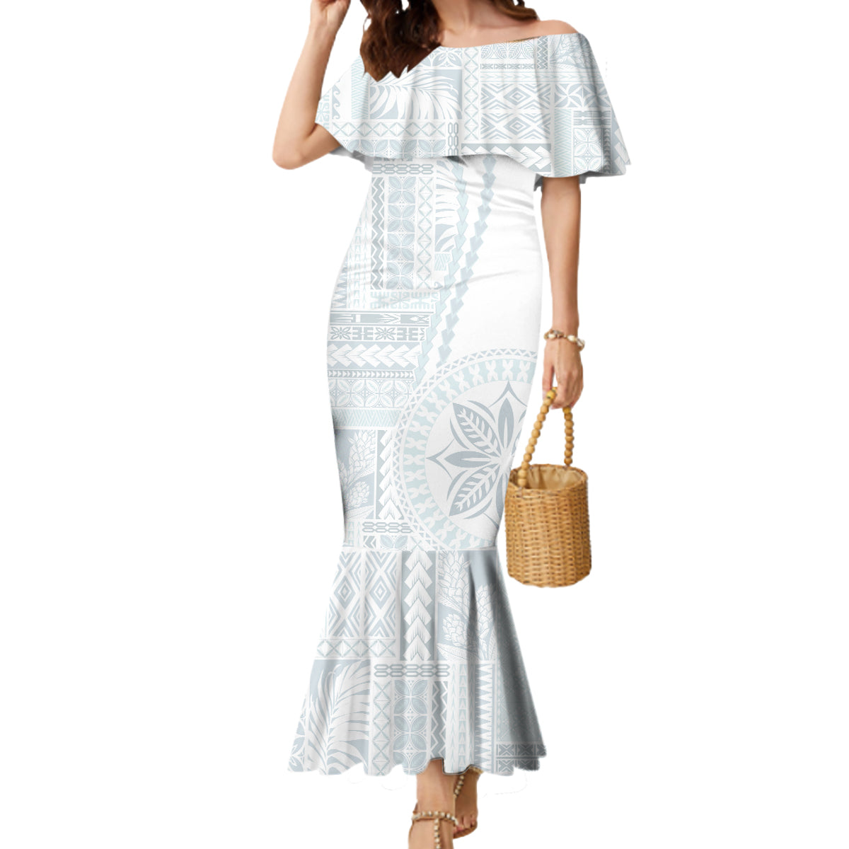Samoa White Sunday Mermaid Dress Classic Siapo Style - Wonder Print Shop
