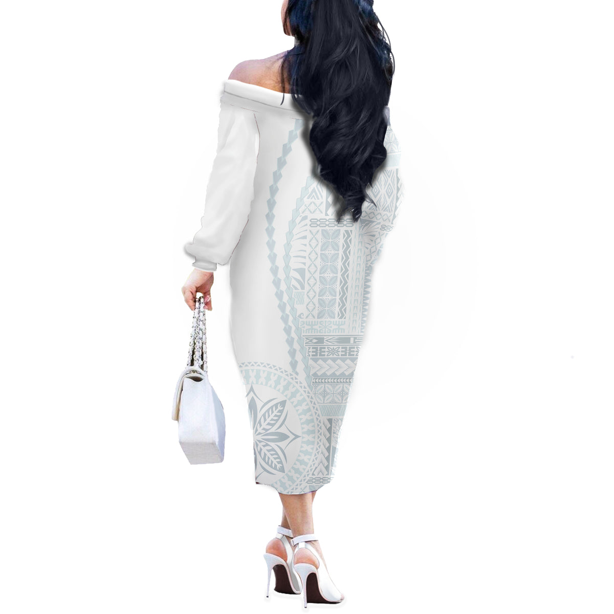 Samoa White Sunday Off The Shoulder Long Sleeve Dress Classic Siapo Style - Wonder Print Shop