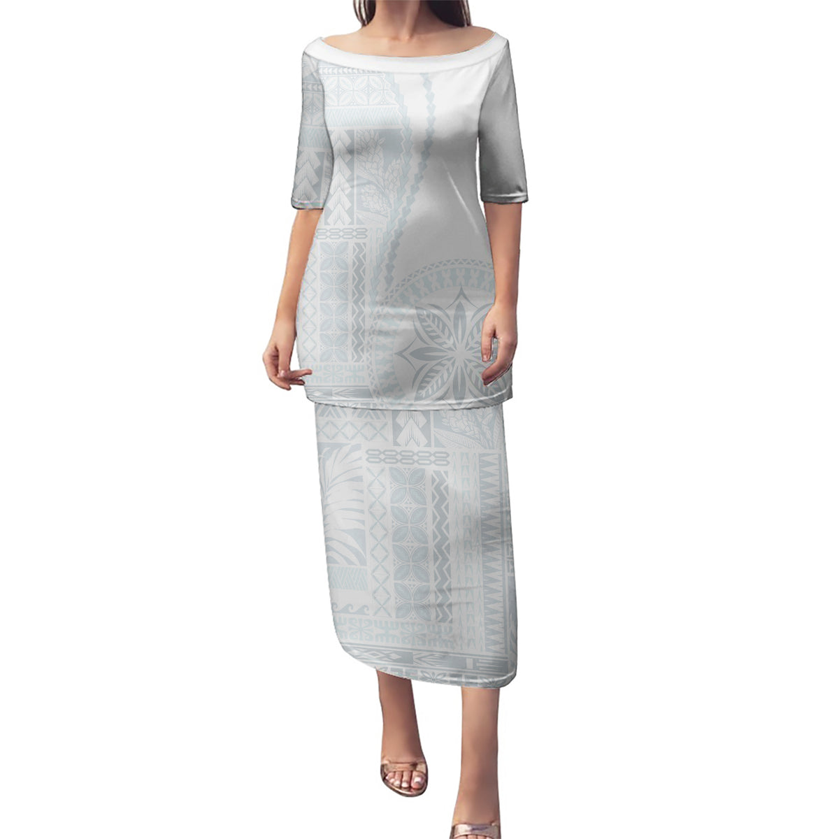 Samoa White Sunday Puletasi Classic Siapo Style - Wonder Print Shop