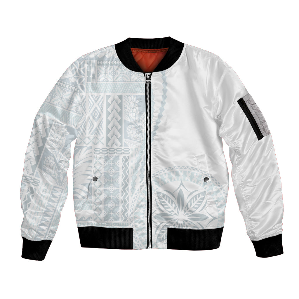 Samoa White Sunday Sleeve Zip Bomber Jacket Classic Siapo Style - Wonder Print Shop