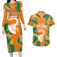 Ivory Coast Football Custom Couples Matching Long Sleeve Bodycon Dress and Hawaiian Shirt Les Elephants Champions LT7 - Wonder Print Shop