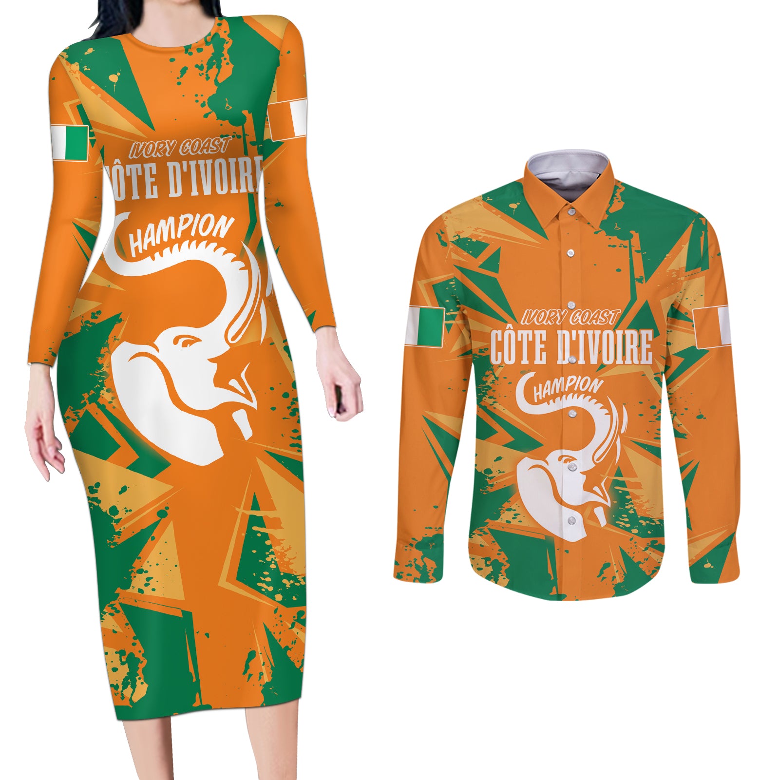 Ivory Coast Football Custom Couples Matching Long Sleeve Bodycon Dress and Long Sleeve Button Shirt Les Elephants Champions LT7 - Wonder Print Shop
