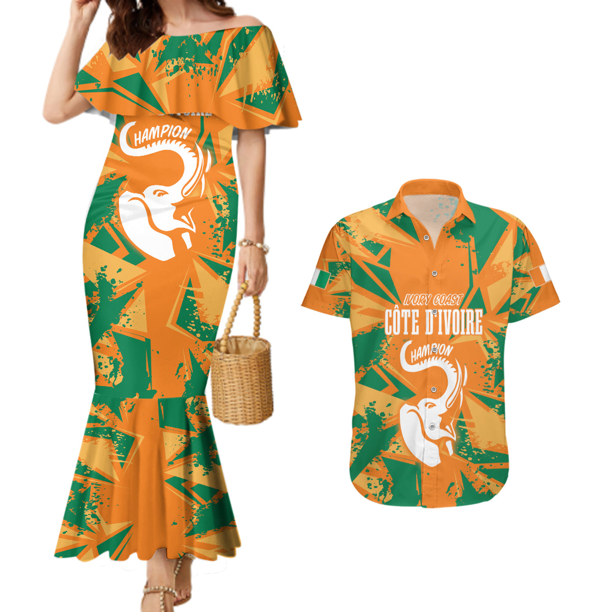 Ivory Coast Football Custom Couples Matching Mermaid Dress and Hawaiian Shirt Les Elephants Champions LT7 - Wonder Print Shop