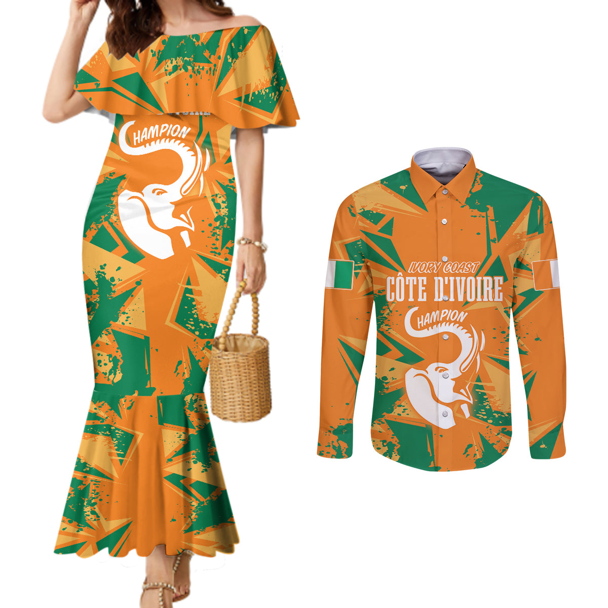 Ivory Coast Football Custom Couples Matching Mermaid Dress and Long Sleeve Button Shirt Les Elephants Champions