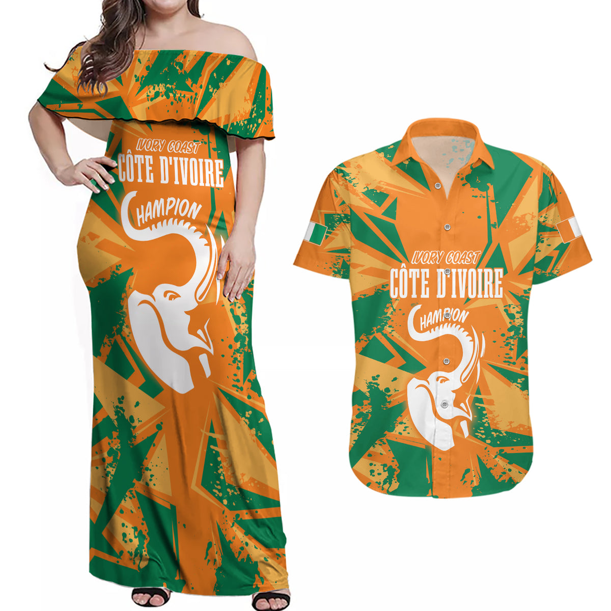 Ivory Coast Football Custom Couples Matching Off Shoulder Maxi Dress and Hawaiian Shirt Les Elephants Champions LT7 - Wonder Print Shop