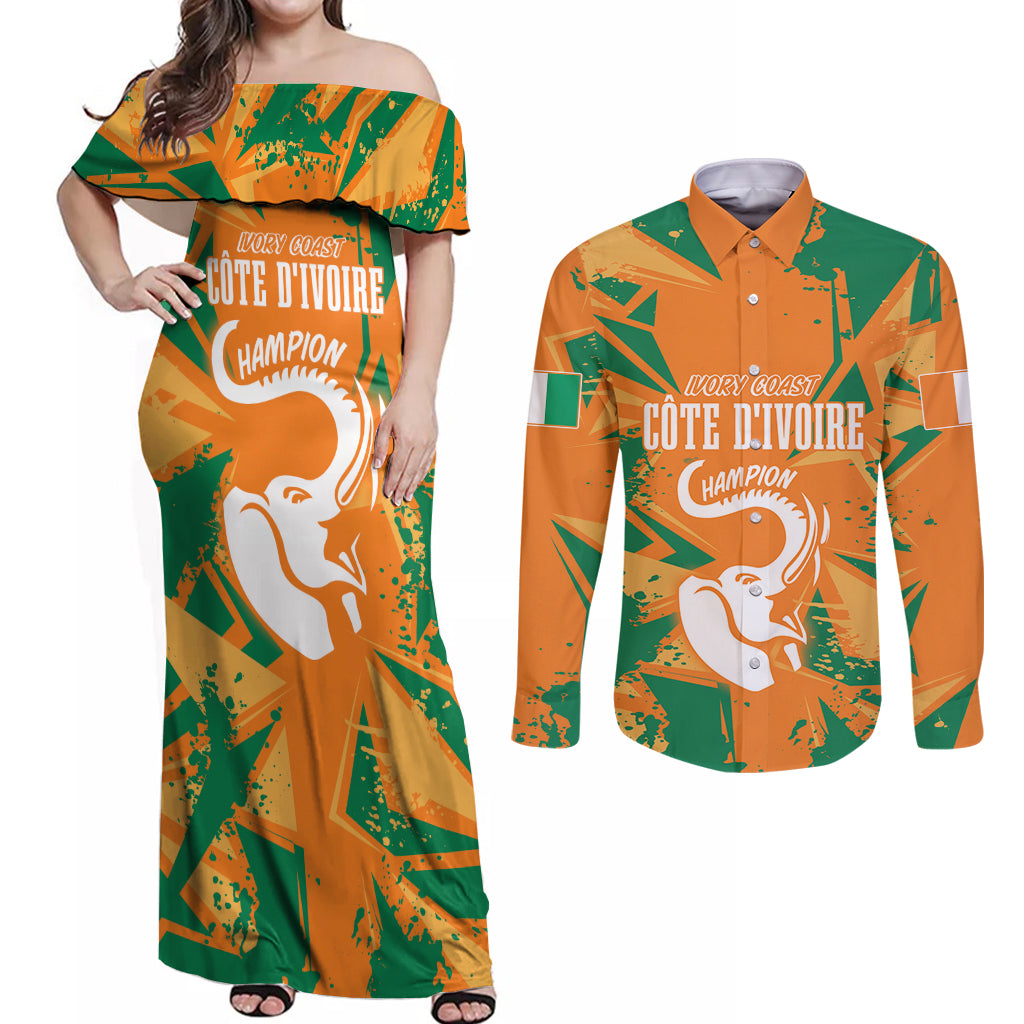 Ivory Coast Football Custom Couples Matching Off Shoulder Maxi Dress and Long Sleeve Button Shirt Les Elephants Champions LT7 - Wonder Print Shop