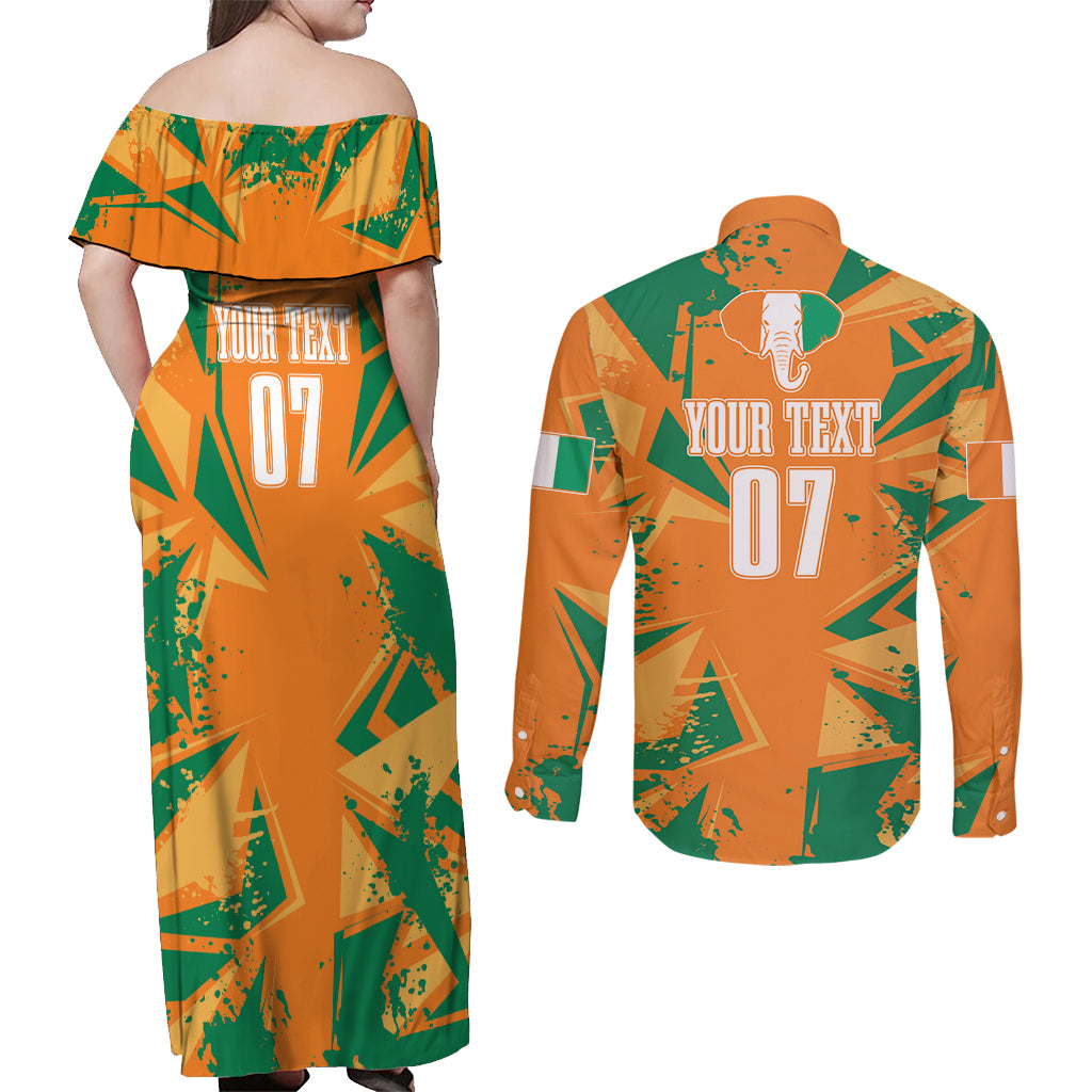Ivory Coast Football Custom Couples Matching Off Shoulder Maxi Dress and Long Sleeve Button Shirt Les Elephants Champions LT7 - Wonder Print Shop