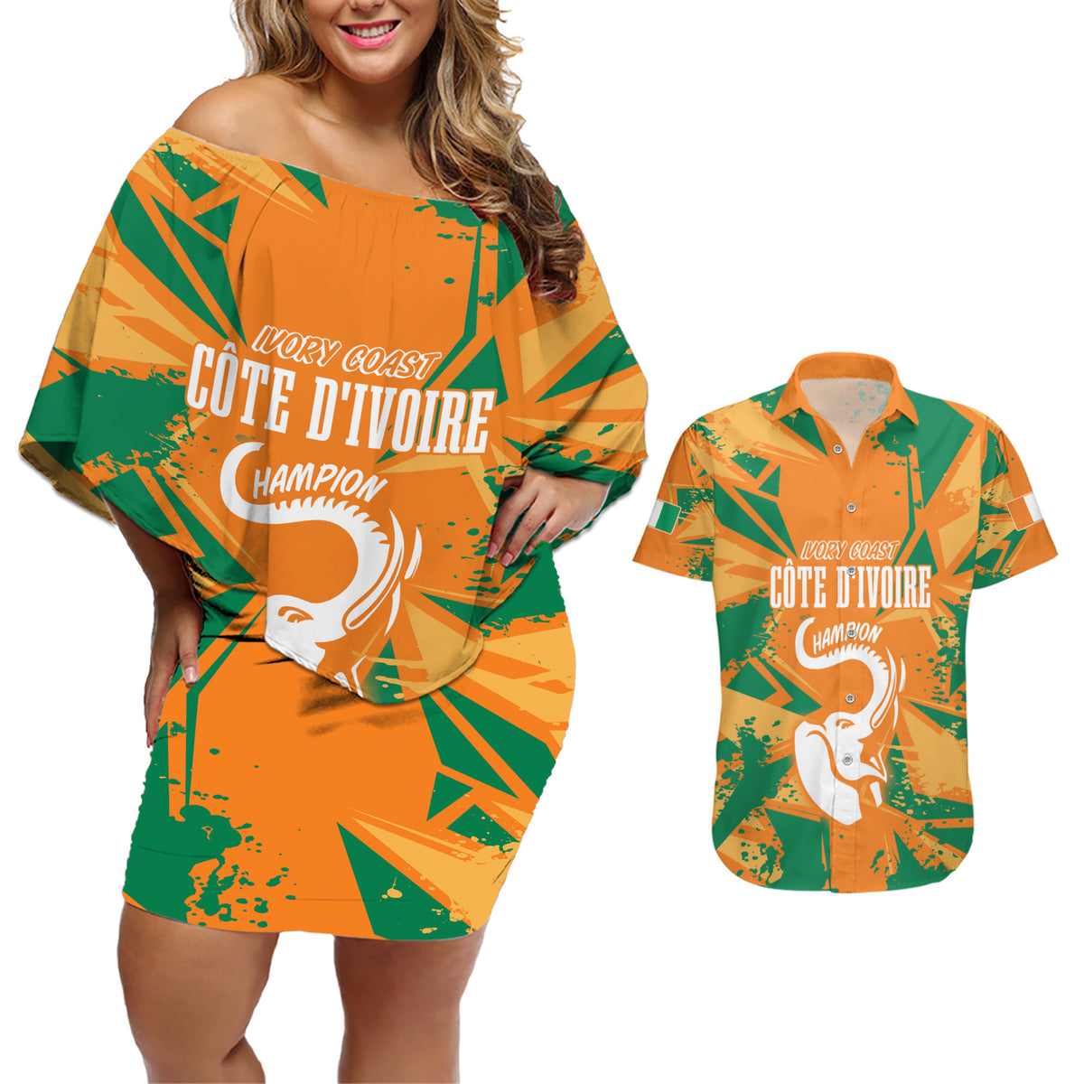 Ivory Coast Football Custom Couples Matching Off Shoulder Short Dress and Hawaiian Shirt Les Elephants Champions LT7 - Wonder Print Shop