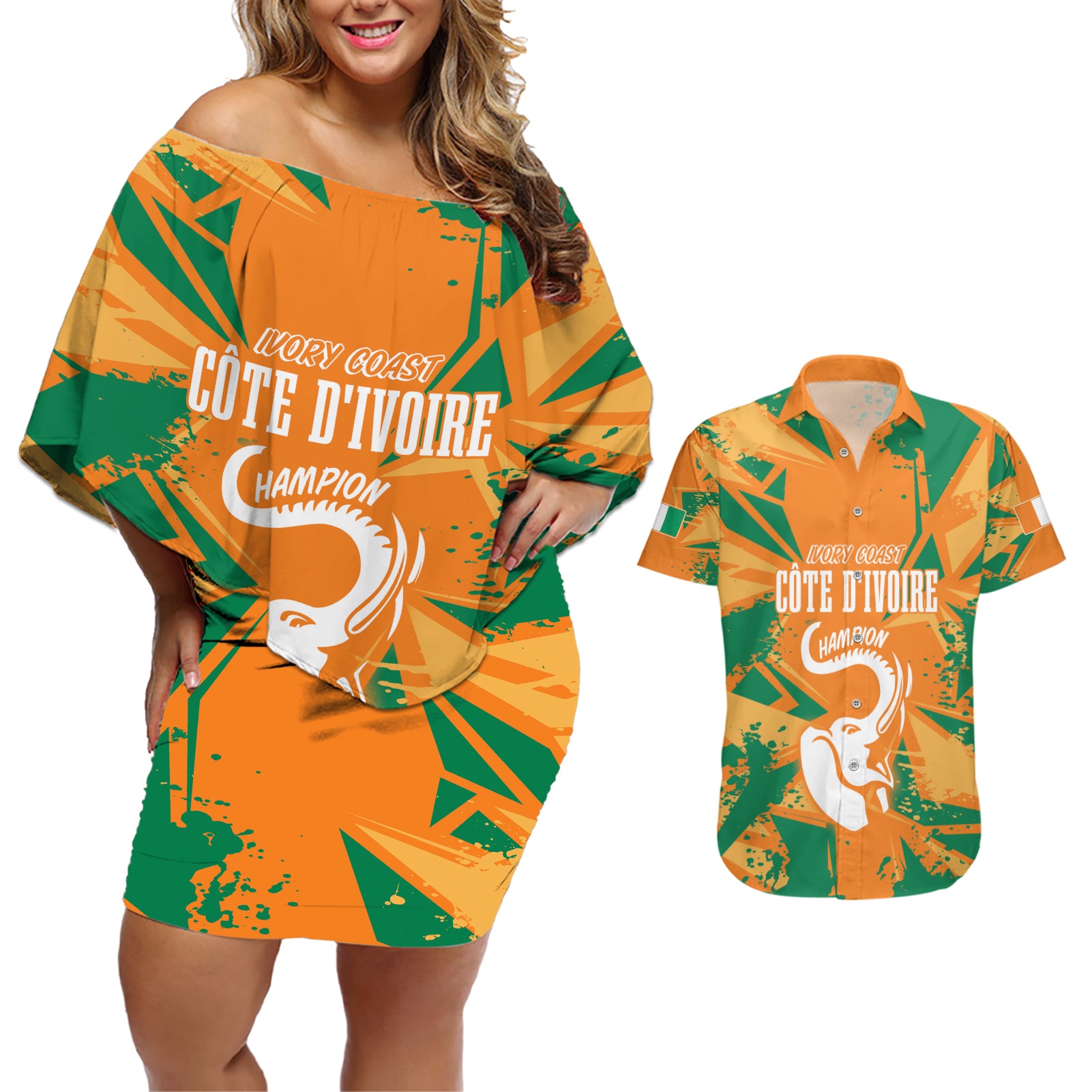 Ivory Coast Football Custom Couples Matching Off Shoulder Short Dress and Hawaiian Shirt Les Elephants Champions LT7 - Wonder Print Shop