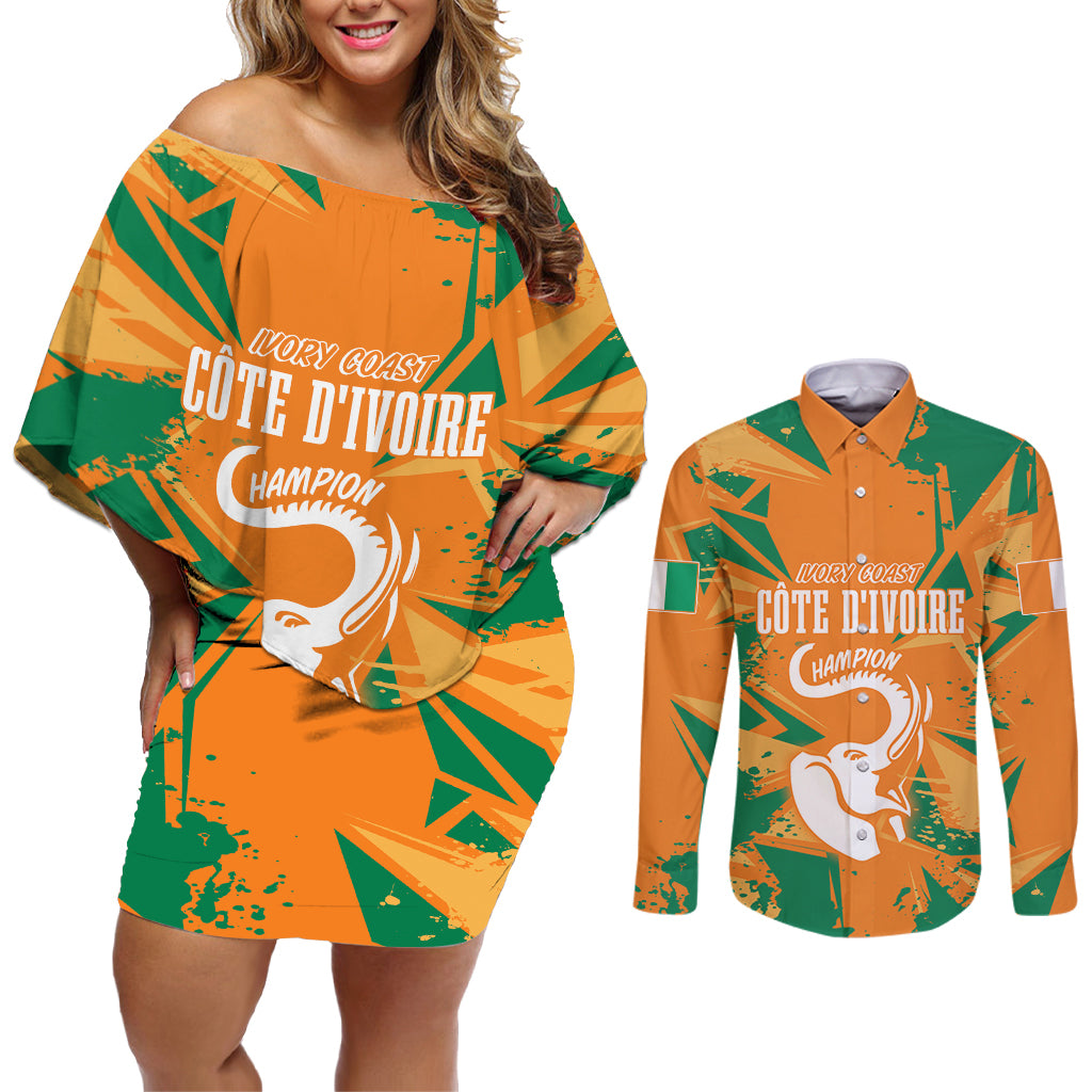 Ivory Coast Football Custom Couples Matching Off Shoulder Short Dress and Long Sleeve Button Shirt Les Elephants Champions LT7 - Wonder Print Shop