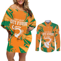 Ivory Coast Football Custom Couples Matching Off Shoulder Short Dress and Long Sleeve Button Shirt Les Elephants Champions LT7 - Wonder Print Shop