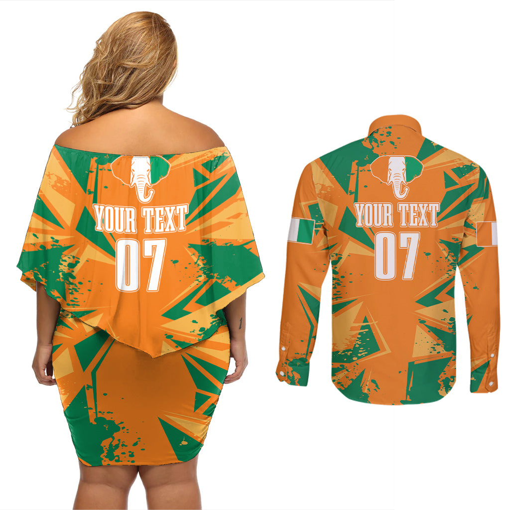 Ivory Coast Football Custom Couples Matching Off Shoulder Short Dress and Long Sleeve Button Shirt Les Elephants Champions LT7 - Wonder Print Shop