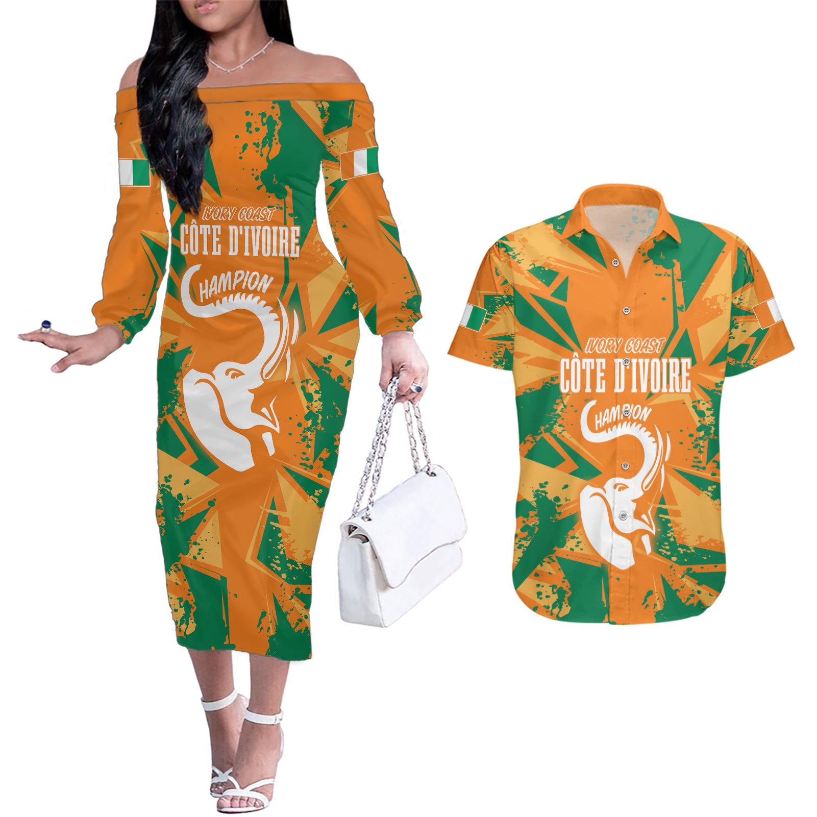 Ivory Coast Football Custom Couples Matching Off The Shoulder Long Sleeve Dress and Hawaiian Shirt Les Elephants Champions LT7 - Wonder Print Shop