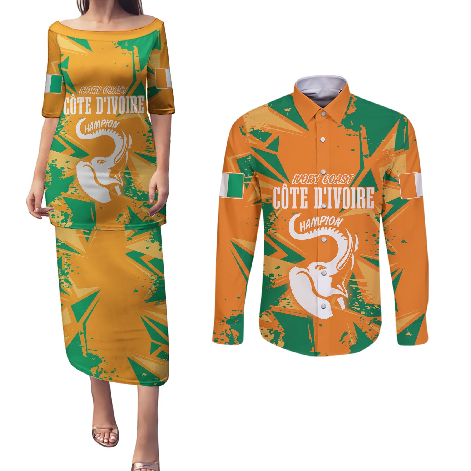 Ivory Coast Football Custom Couples Matching Puletasi and Long Sleeve Button Shirt Les Elephants Champions LT7 - Wonder Print Shop