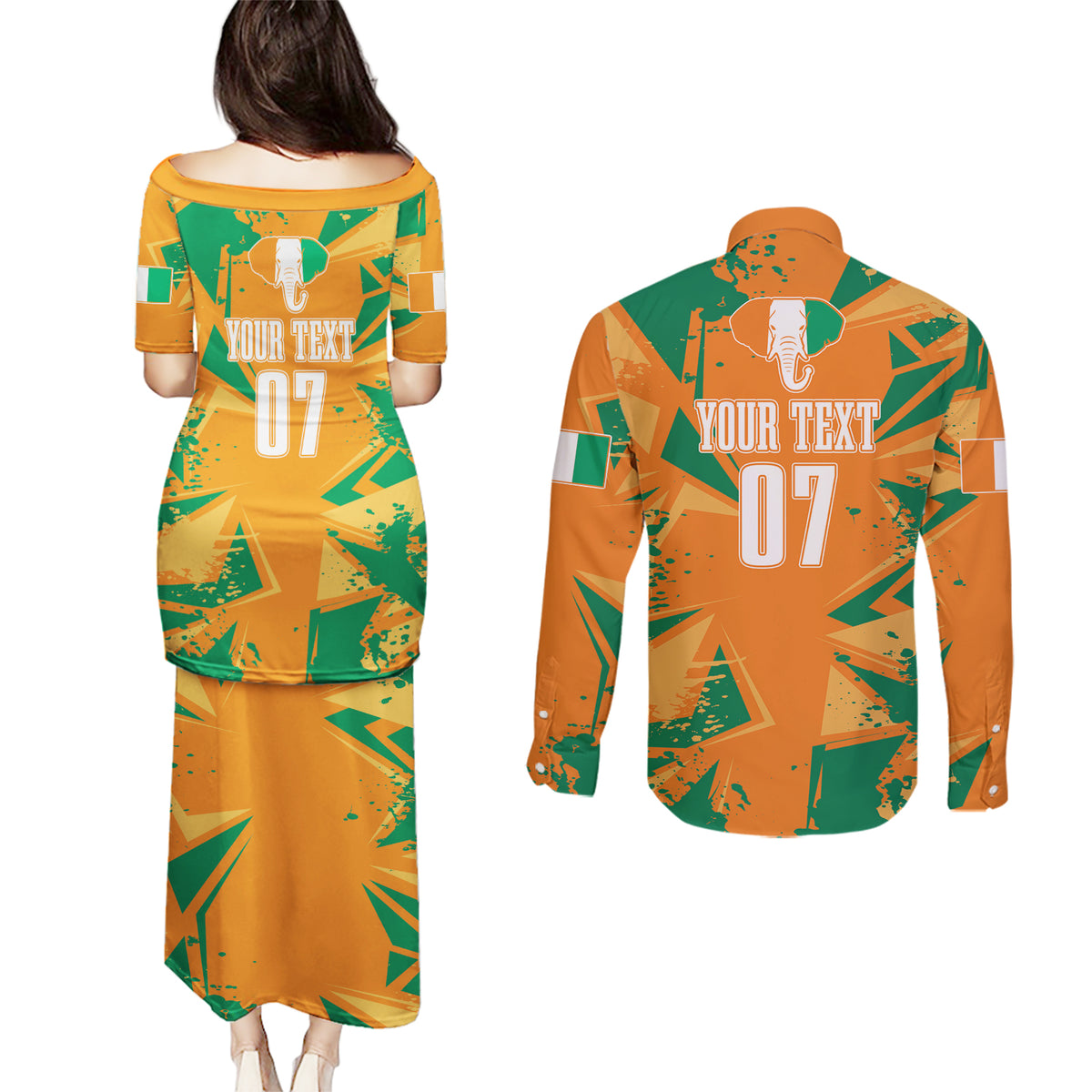 Ivory Coast Football Custom Couples Matching Puletasi and Long Sleeve Button Shirt Les Elephants Champions LT7 - Wonder Print Shop