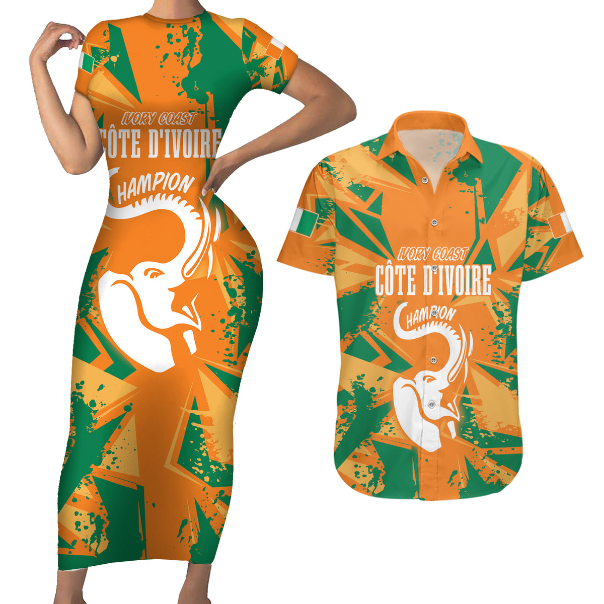 Ivory Coast Football Custom Couples Matching Short Sleeve Bodycon Dress and Hawaiian Shirt Les Elephants Champions LT7 - Wonder Print Shop