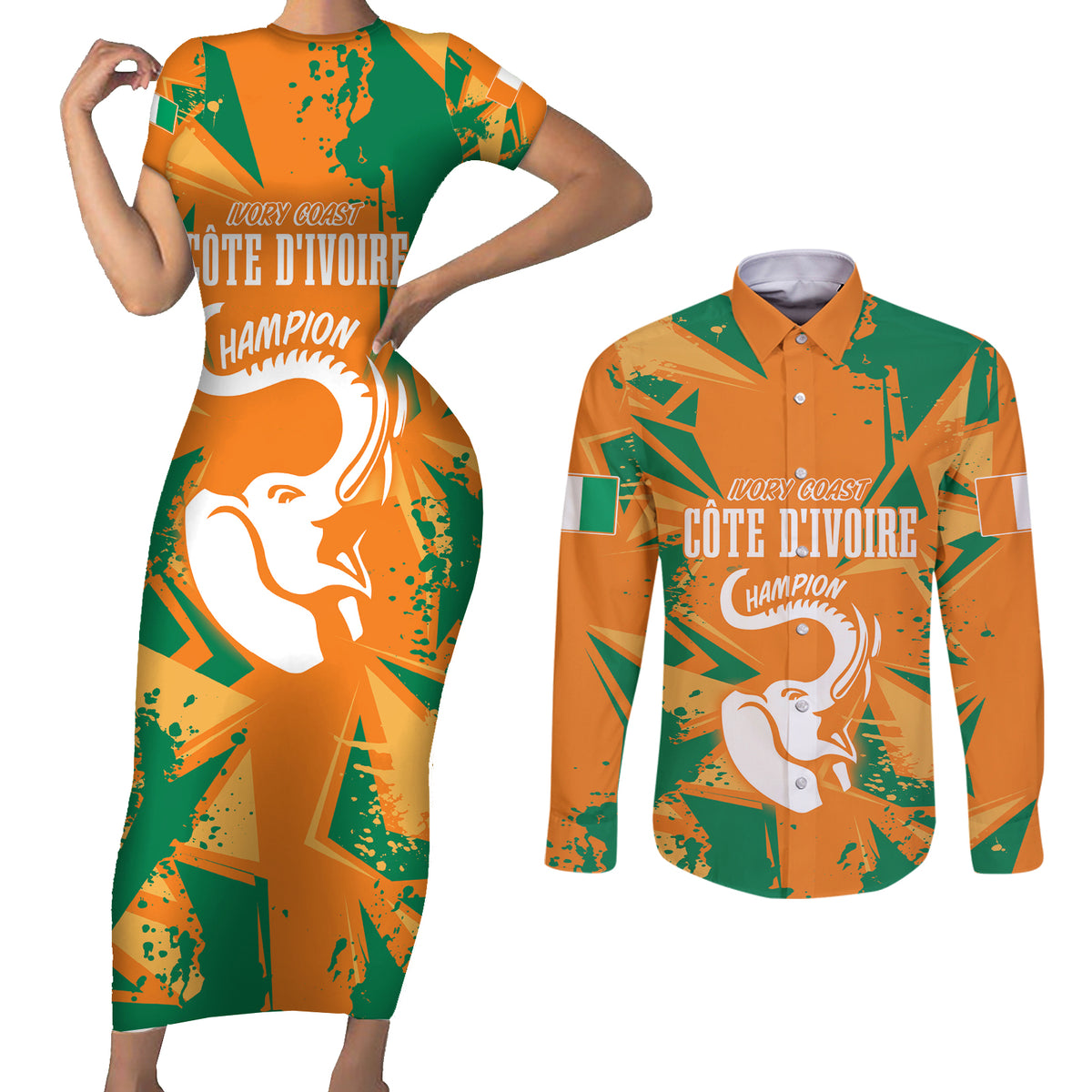Ivory Coast Football Custom Couples Matching Short Sleeve Bodycon Dress and Long Sleeve Button Shirt Les Elephants Champions LT7 - Wonder Print Shop