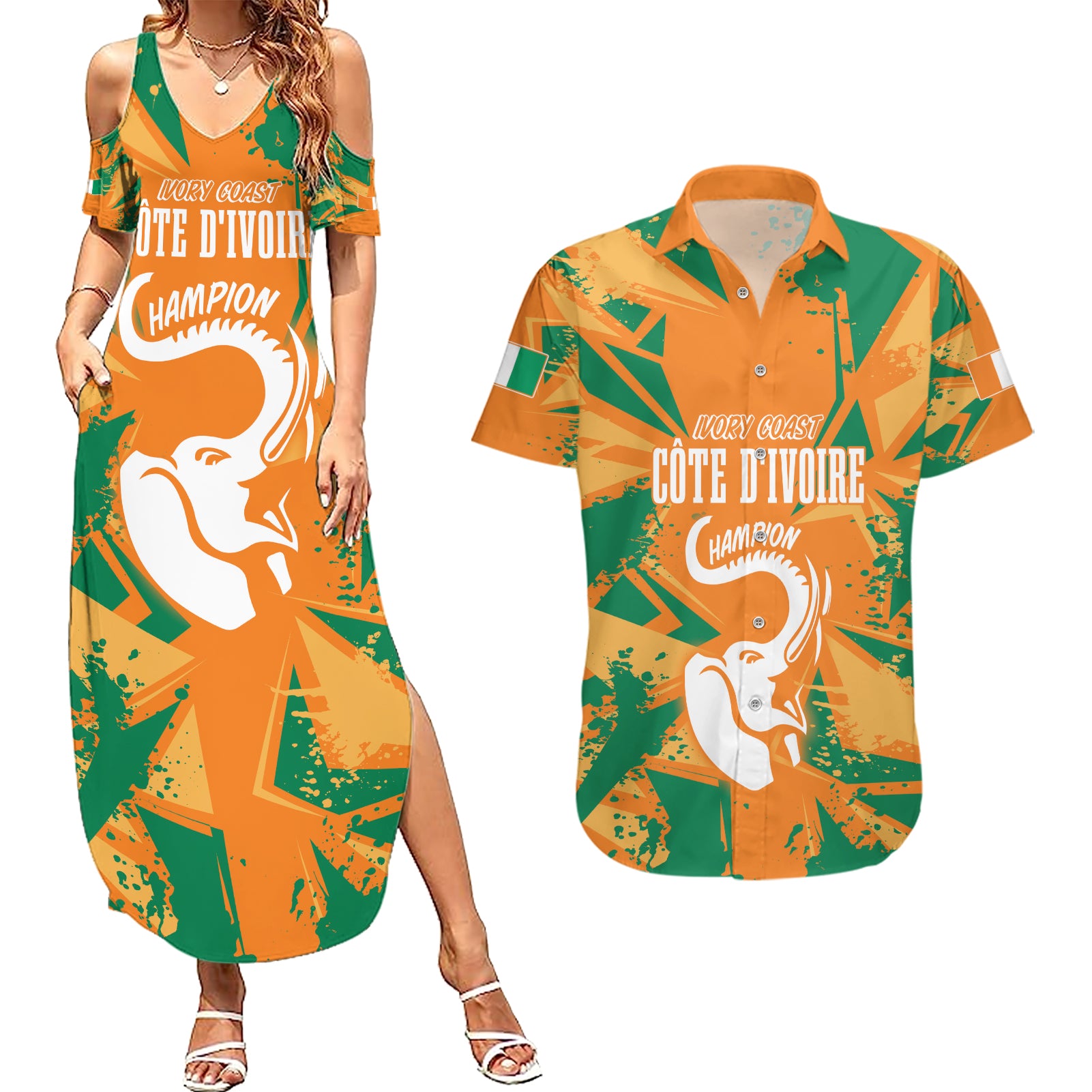 Ivory Coast Football Custom Couples Matching Summer Maxi Dress and Hawaiian Shirt Les Elephants Champions LT7 - Wonder Print Shop