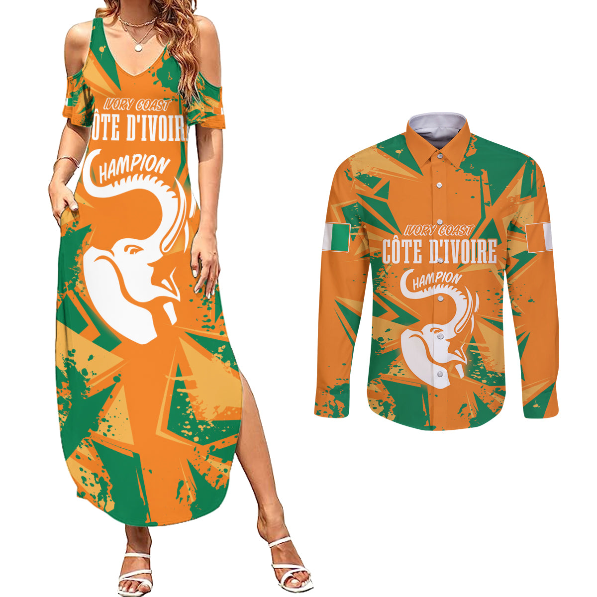 Ivory Coast Football Custom Couples Matching Summer Maxi Dress and Long Sleeve Button Shirt Les Elephants Champions LT7 - Wonder Print Shop