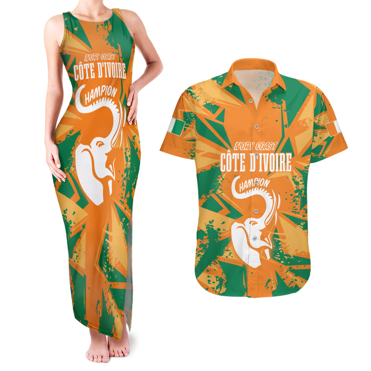 Ivory Coast Football Custom Couples Matching Tank Maxi Dress and Hawaiian Shirt Les Elephants Champions LT7 - Wonder Print Shop