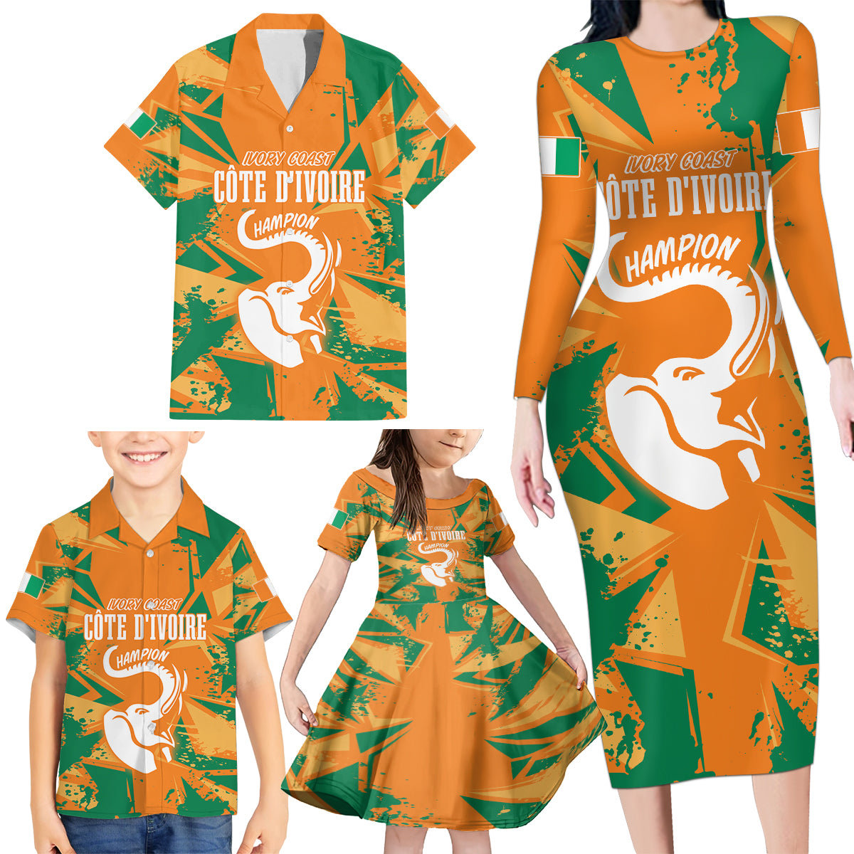 Ivory Coast Football Custom Family Matching Long Sleeve Bodycon Dress and Hawaiian Shirt Les Elephants Champions LT7 - Wonder Print Shop