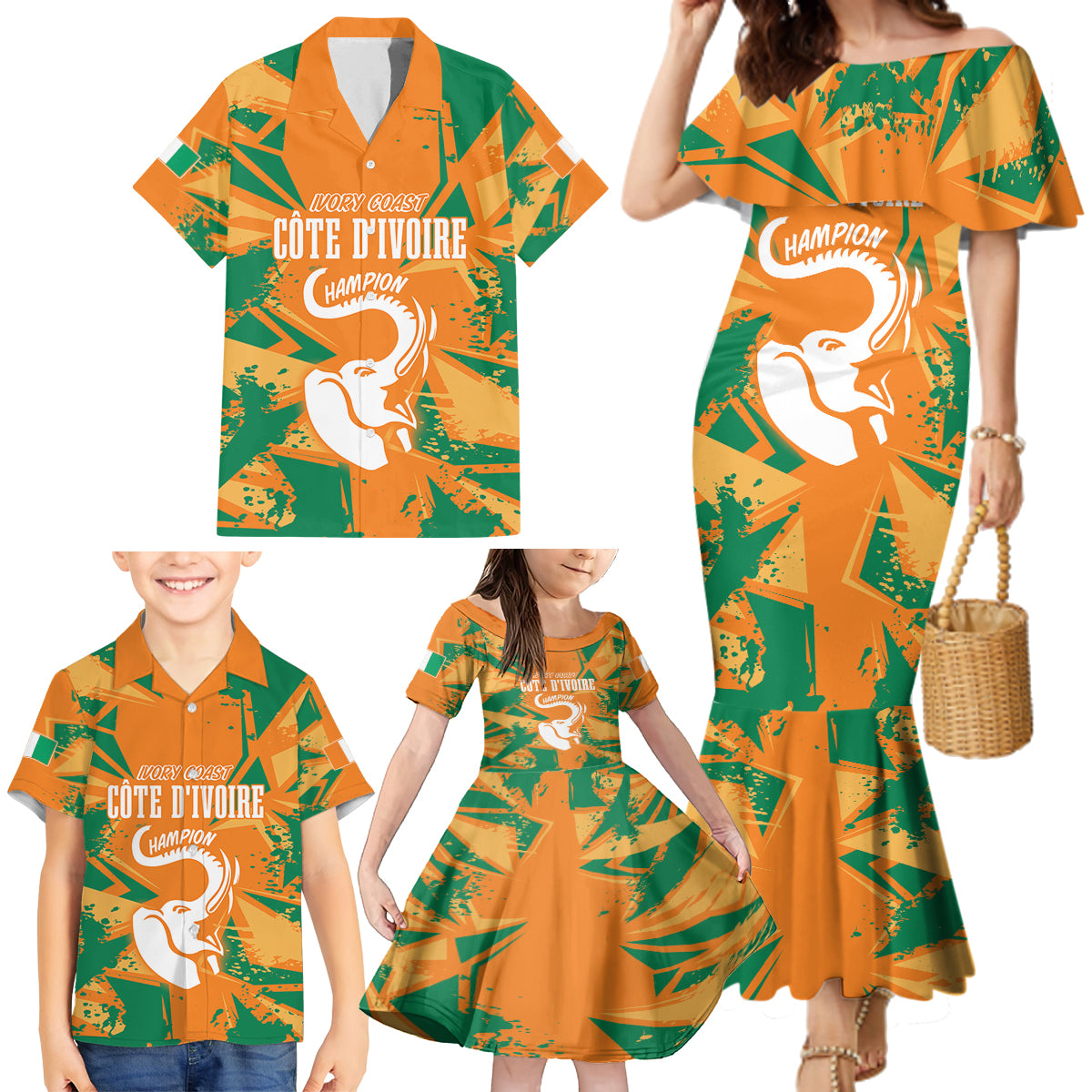 Ivory Coast Football Custom Family Matching Mermaid Dress and Hawaiian Shirt Les Elephants Champions LT7 - Wonder Print Shop