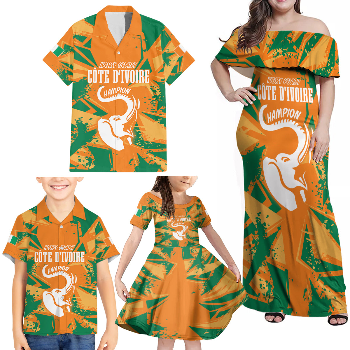 Ivory Coast Football Custom Family Matching Off Shoulder Maxi Dress and Hawaiian Shirt Les Elephants Champions LT7 - Wonder Print Shop