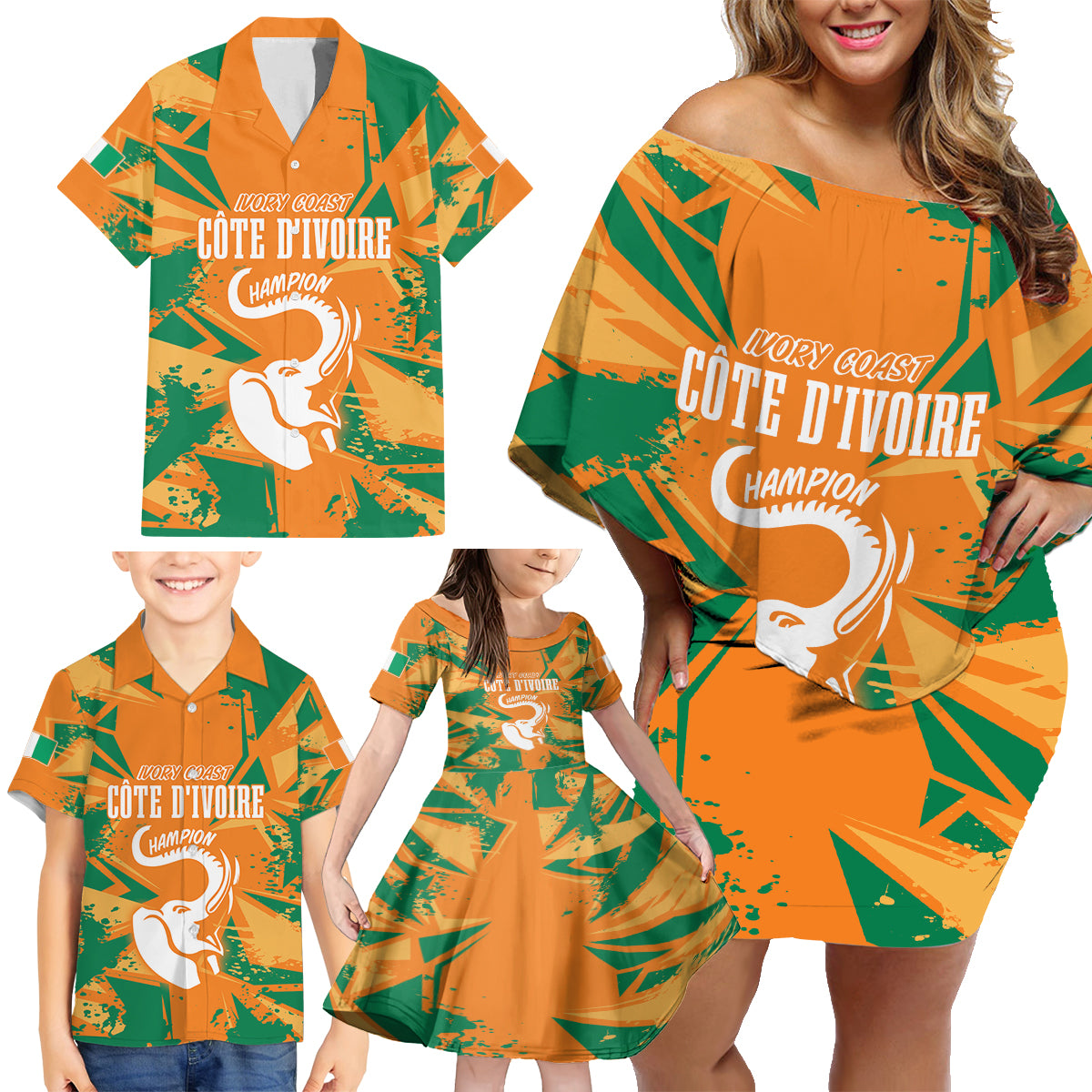 Ivory Coast Football Custom Family Matching Off Shoulder Short Dress and Hawaiian Shirt Les Elephants Champions LT7 - Wonder Print Shop
