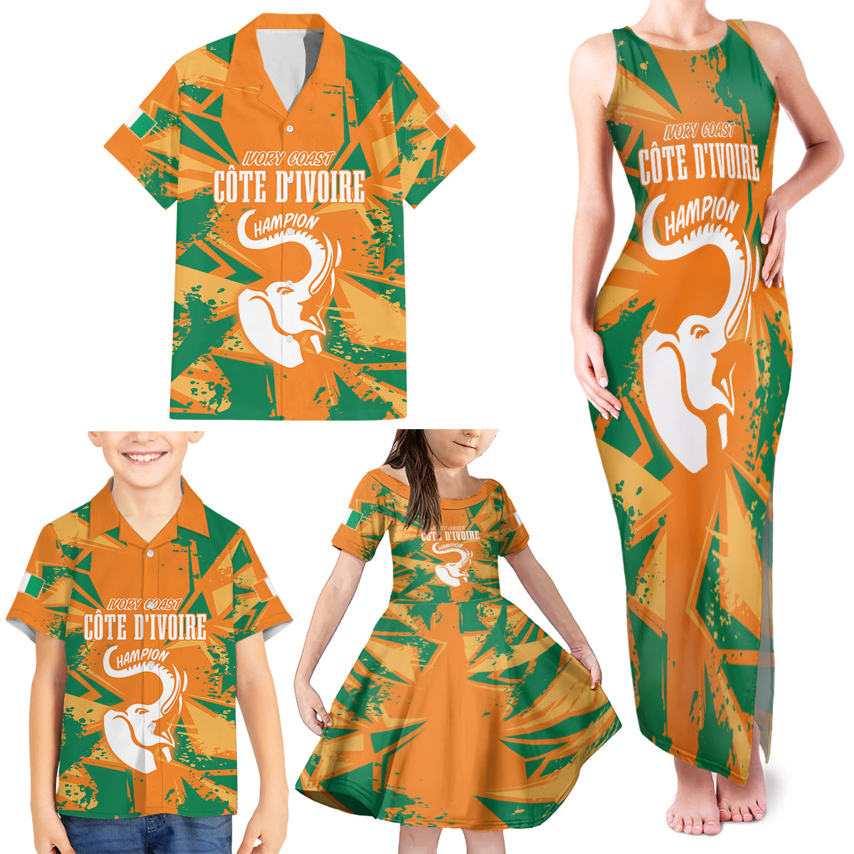 Ivory Coast Football Custom Family Matching Tank Maxi Dress and Hawaiian Shirt Les Elephants Champions - Wonder Print Shop