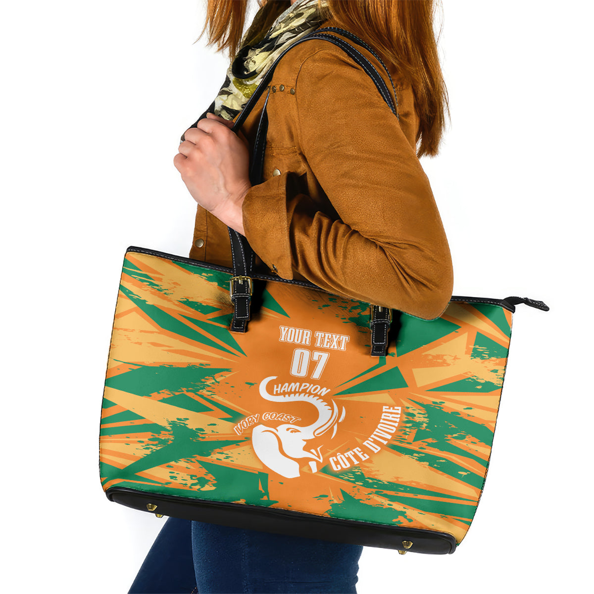 Ivory Coast Football Custom Leather Tote Bag Les Elephants Champions - Wonder Print Shop
