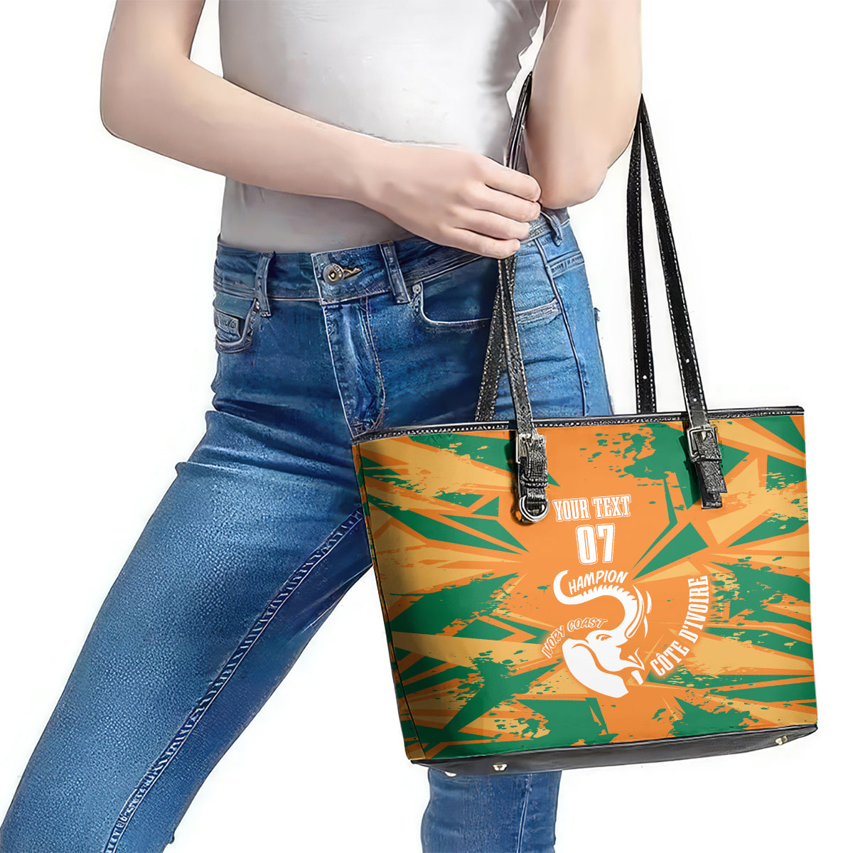 Ivory Coast Football Custom Leather Tote Bag Les Elephants Champions - Wonder Print Shop