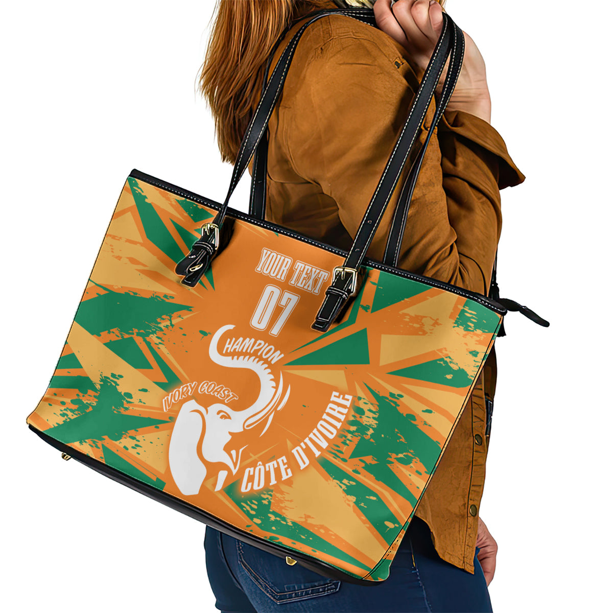 Ivory Coast Football Custom Leather Tote Bag Les Elephants Champions - Wonder Print Shop