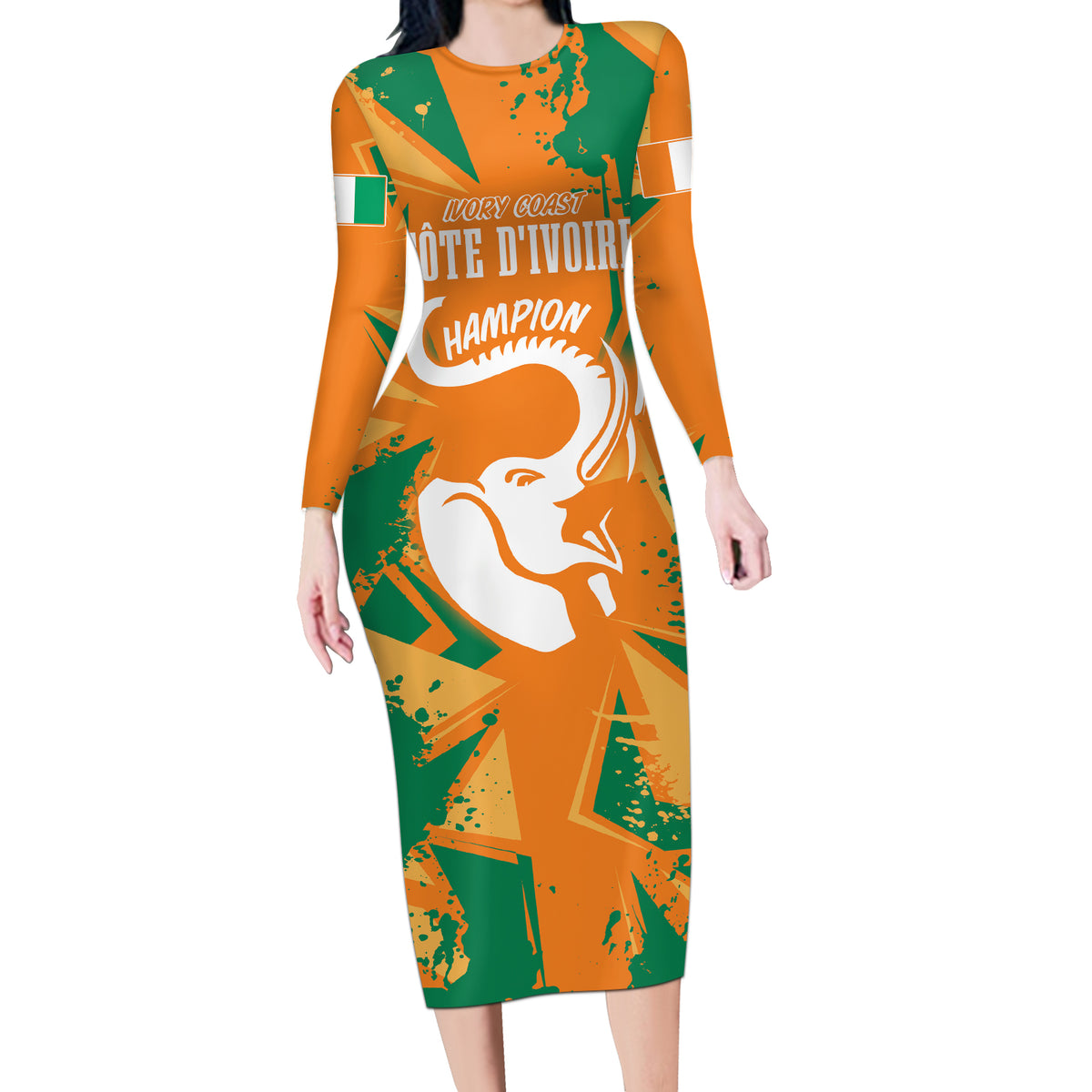 Ivory Coast Football Custom Long Sleeve Bodycon Dress Les Elephants Champions - Wonder Print Shop