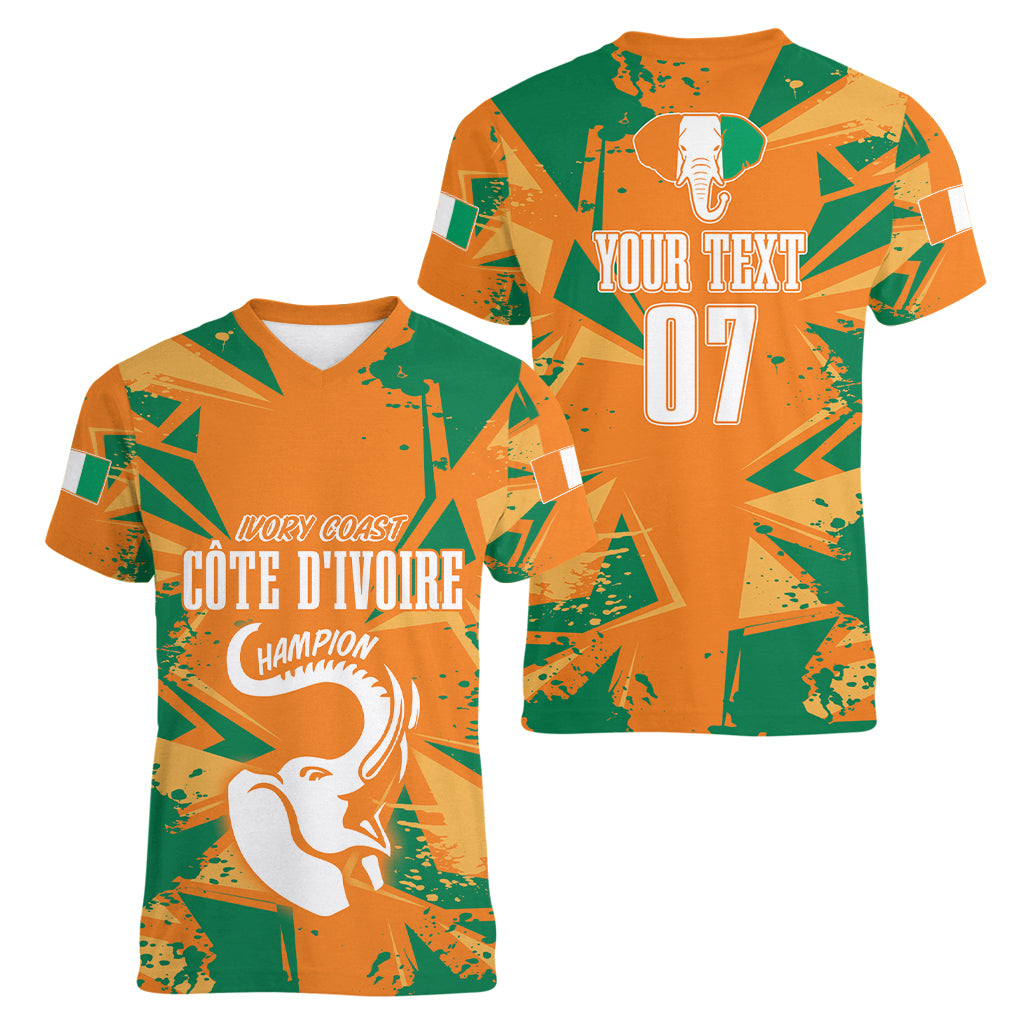 Ivory Coast Football Custom Women V Neck T Shirt Les Elephants Champions - Wonder Print Shop