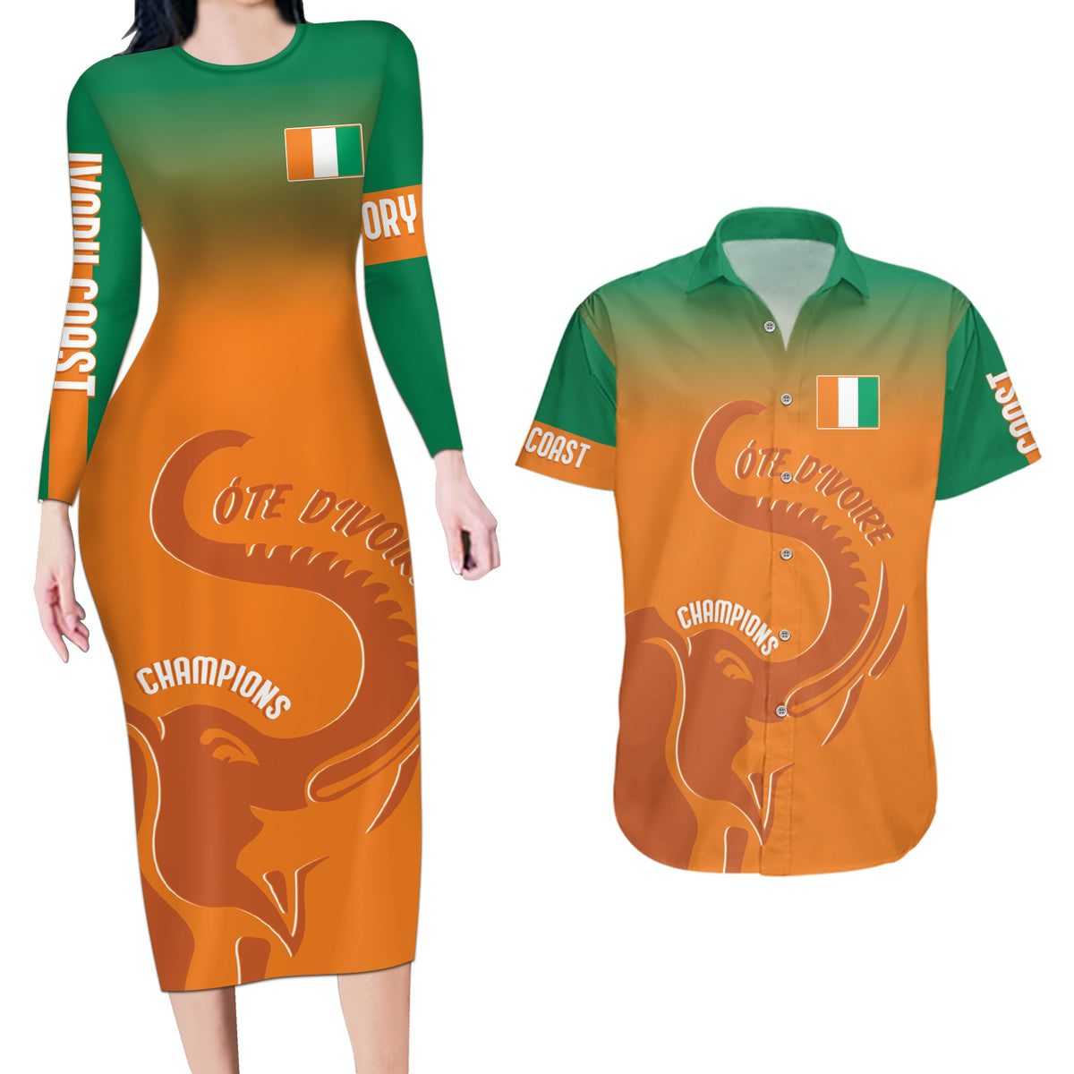 Ivory Coast Football Custom Couples Matching Long Sleeve Bodycon Dress and Hawaiian Shirt Ivory Elephants - Basic Style LT7 - Wonder Print Shop